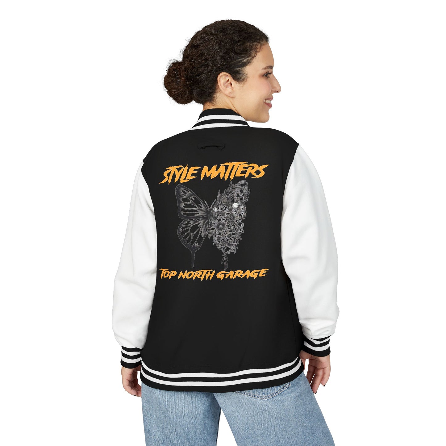 Letterman Jacket — Split Butterfly Floral Design with 'Style Matters' Typography