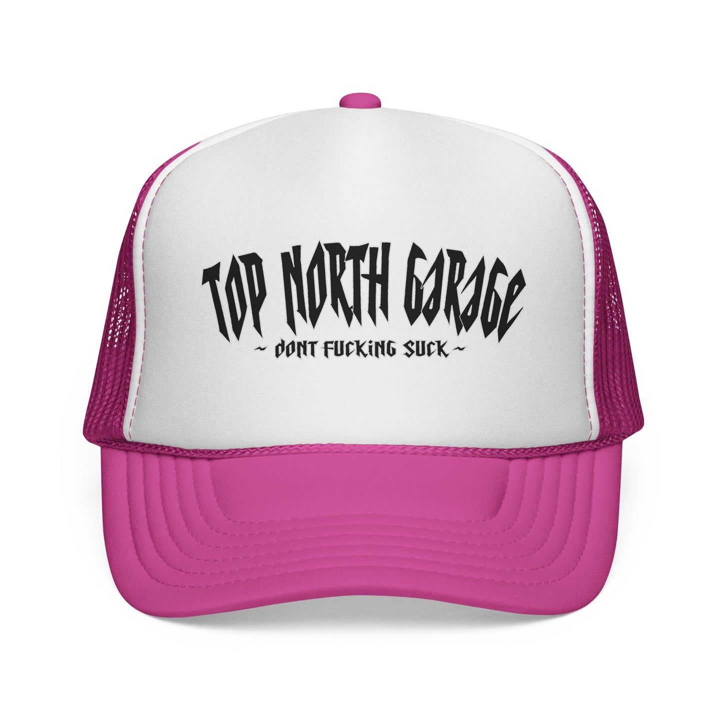 Trucker Cap — "Top North Garage" Logo Hat (Bold Distressed Auto Shop Style)