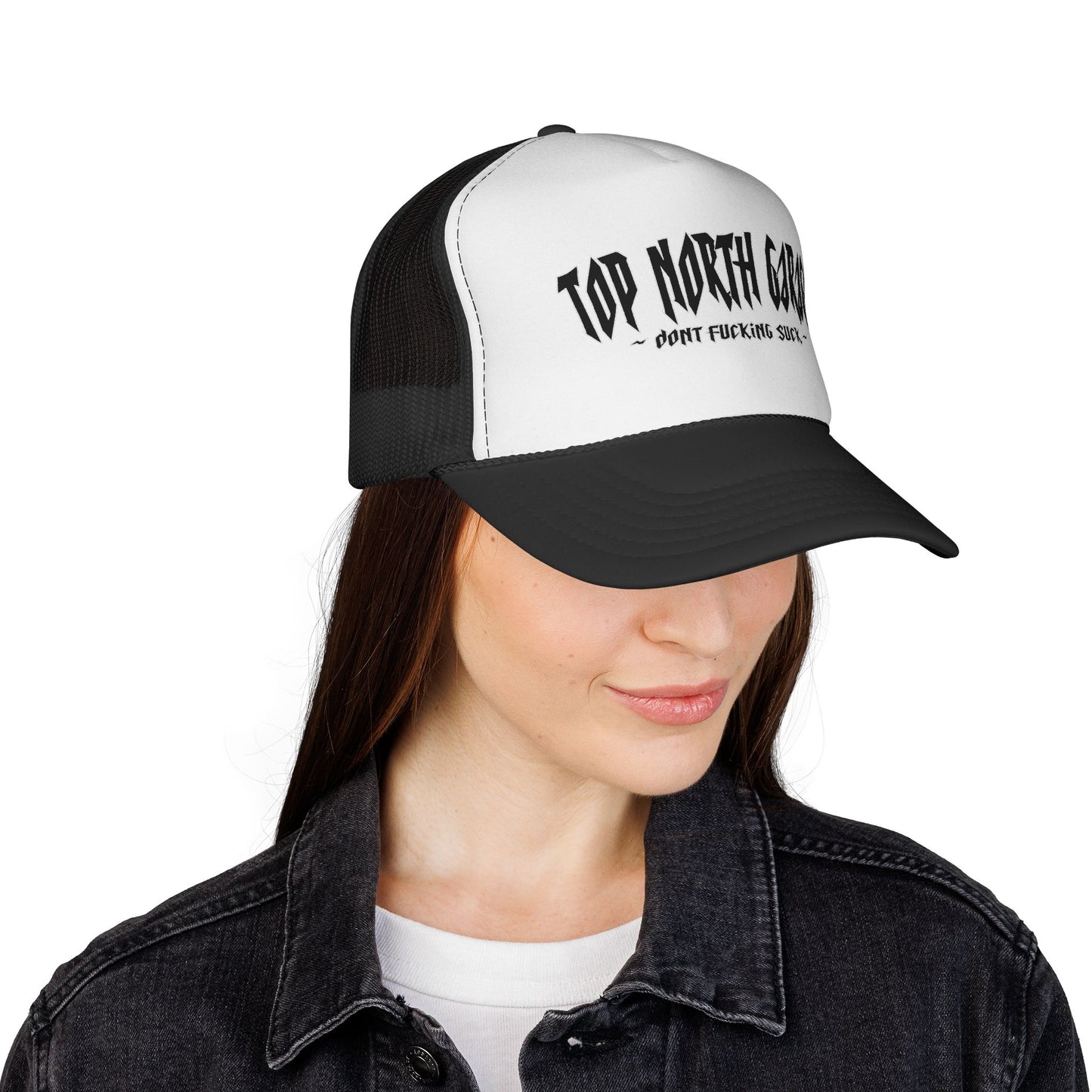 Trucker Cap — "Top North Garage" Logo Hat (Bold Distressed Auto Shop Style)