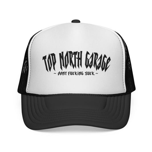 Trucker Cap — "Top North Garage" Logo Hat (Bold Distressed Auto Shop Style)